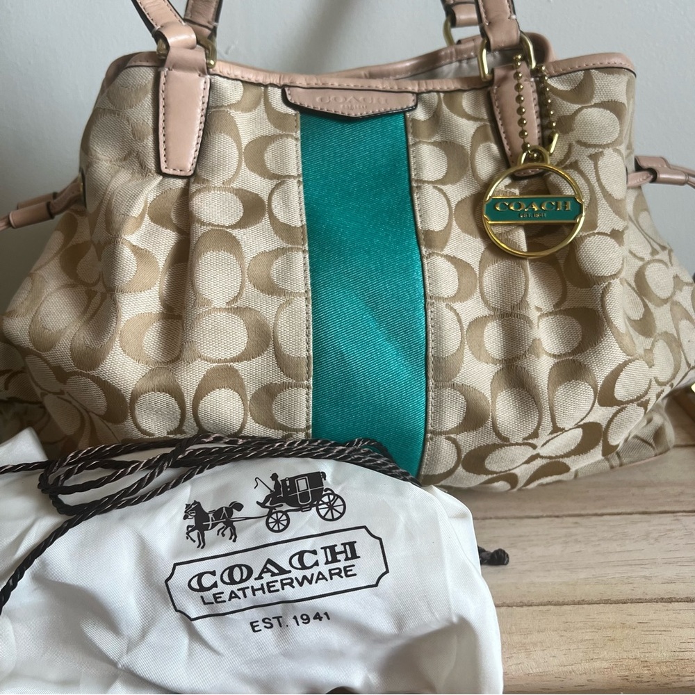 Coach Tan Signature Canvas Tote with Teal Center Stripe - Picture 2 of 16